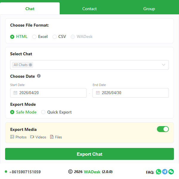 Captura de pantalla de la interfaz de WAExport
