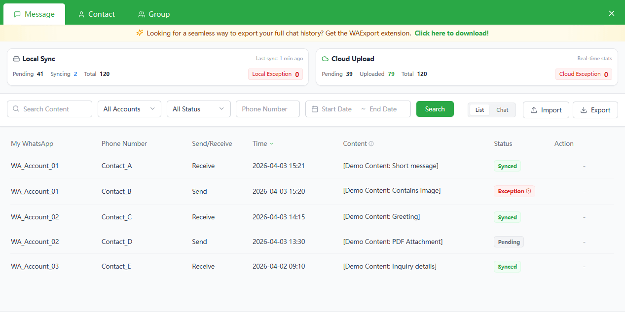 Captura de pantalla de la interfaz de respaldo en tiempo real de WADesk